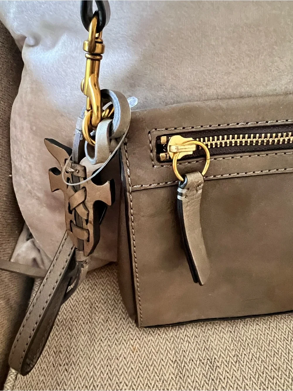 Frye Gray-Taupe Leather Crossbody with Gold Hardware. - Picture 2 of 9